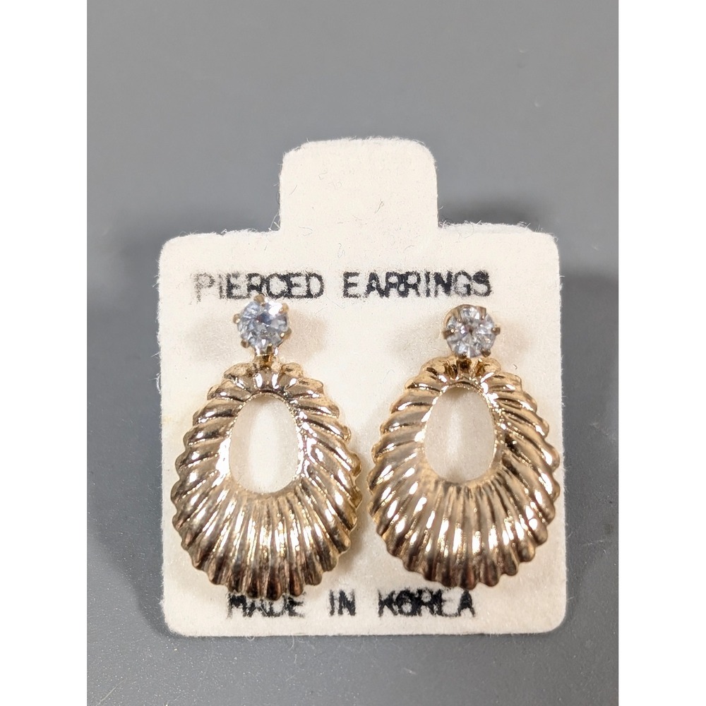 Vintage‎ Gold Tone Ribbed Convertible Rhinestone Stud Earrings Dainty Retro NWT